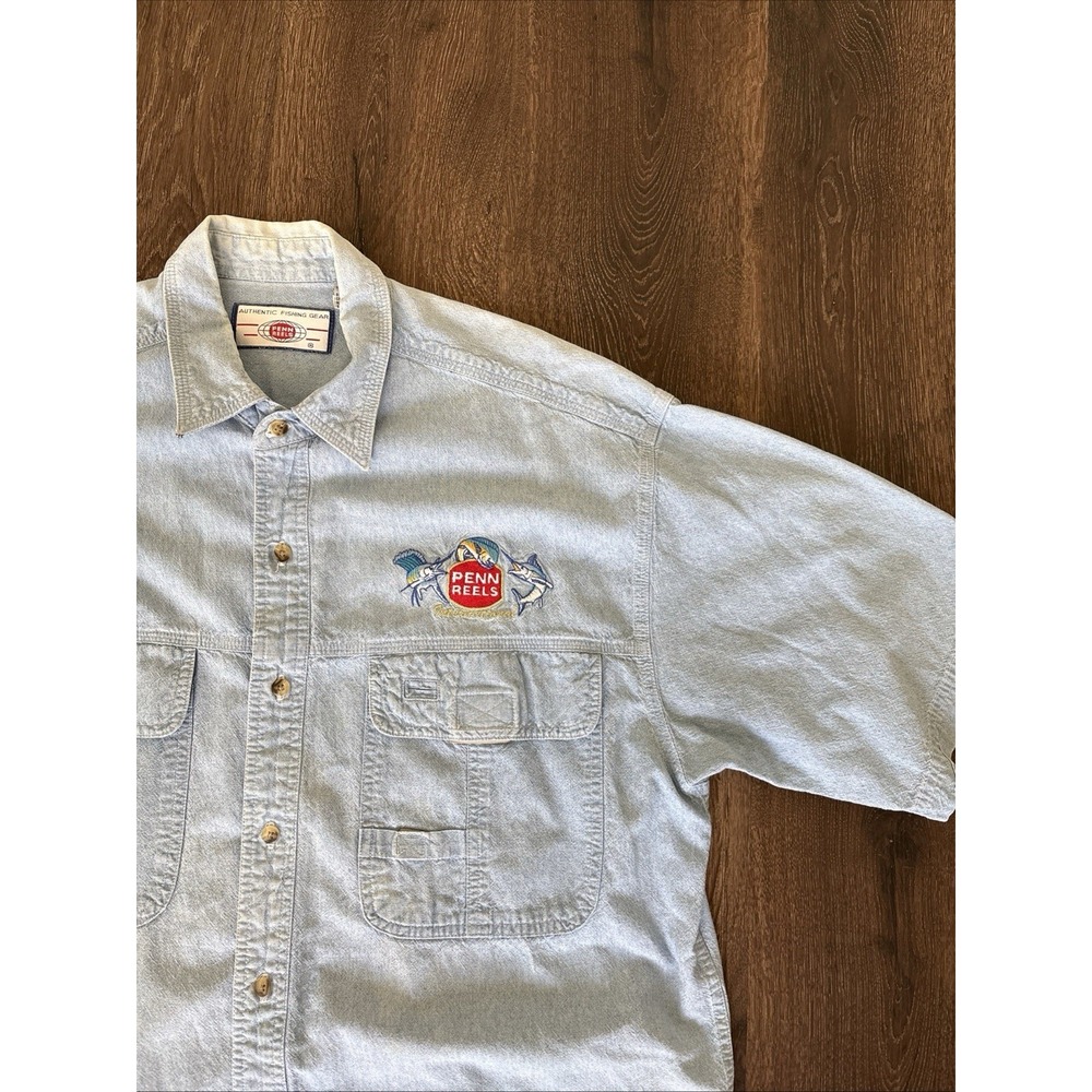 Penn Reels Mens L Fishing Shirt Embroidered Logo Short Sleeve Jean Chambray VTG
